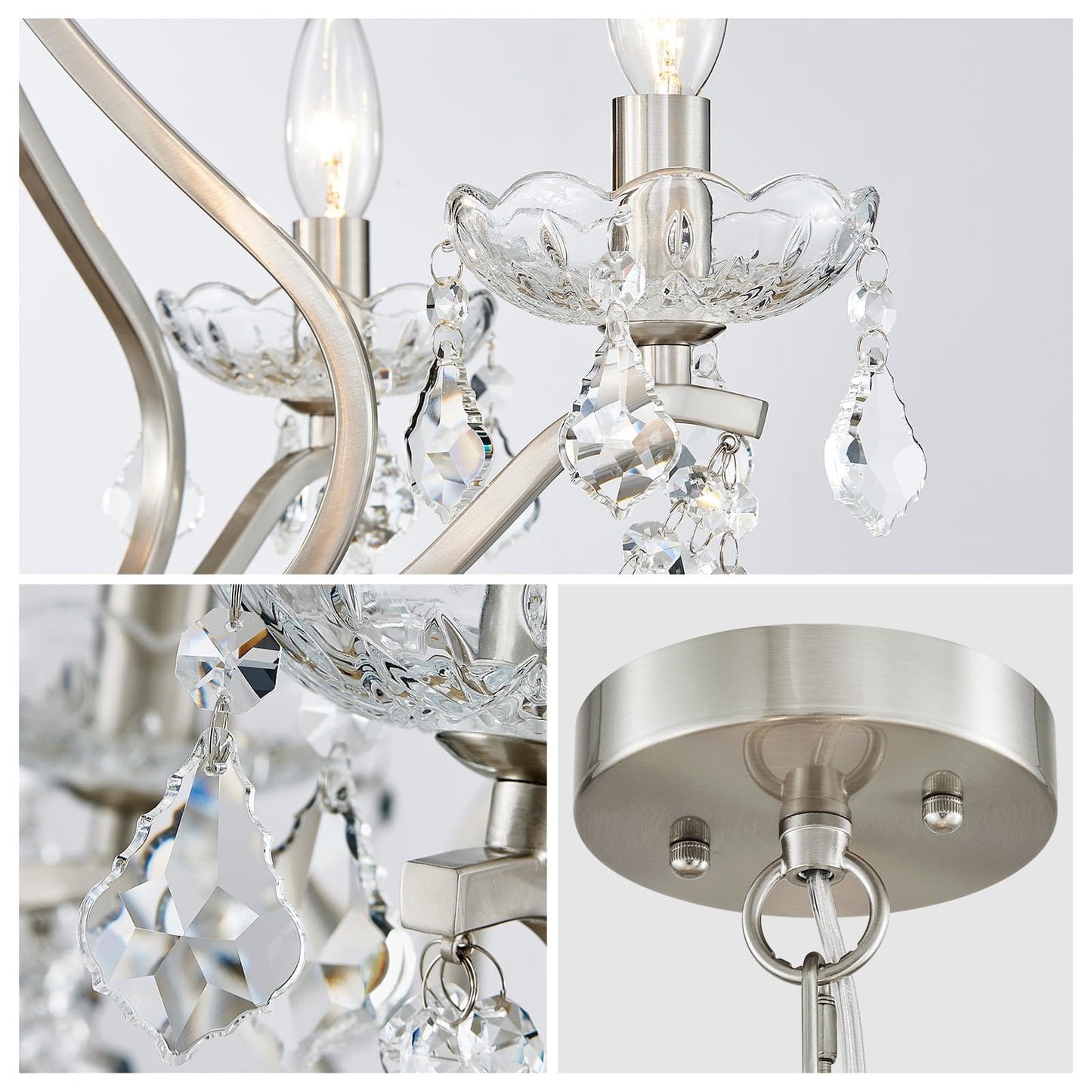 WUZUPS Crystal 5-Light Candle Chandelier Pendant Flushmount Ceiling Light Modern Lighting Fixture for Bedroom Hallway Bar Kitchen Bathroom, H 20.9" x W 21.7", Brushed Nickel, E12 Base