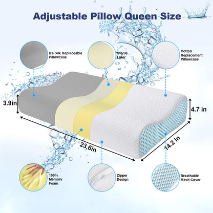 PKBD Memory Foam Pillow with Replacement Pillowcase(Cooling Ice Silk&Cotton),Neck/Shoulder Pain Relief,Ergonomic Orthopedic Cervical Pillow,Bed Pillow for Side,Back,Stomach Sleepers