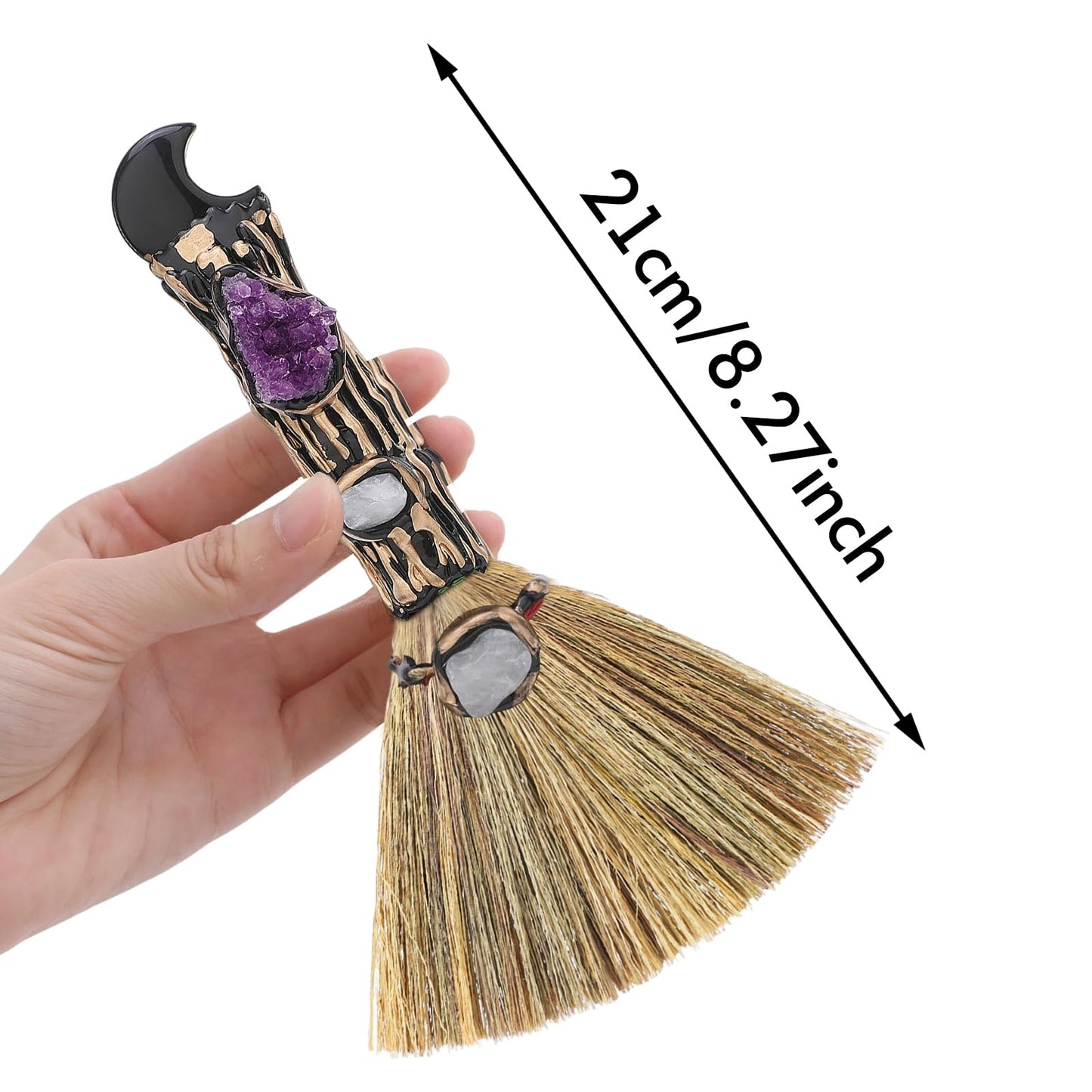 RENEMEGO Witch Crystal Altar Broom - Witchcraft Supplies Wiccan Decor Altar Supplies with Moon Black Obsidian Natural Healing Crystals Reiki Energy Emotional Regulation Wealth Attraction Crafts