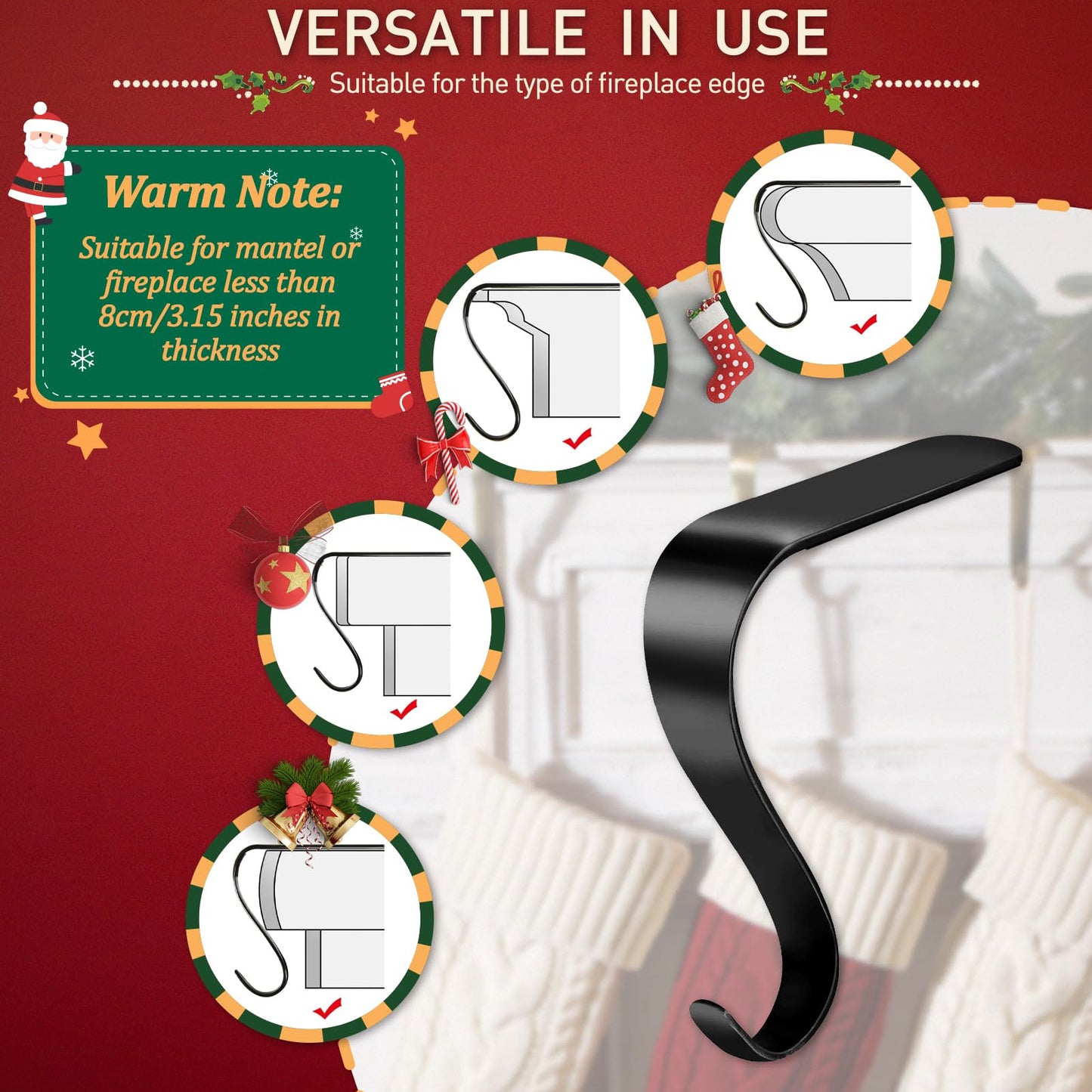 Edoneery Christmas Stocking Holders for Mantle with Silicone Anti-Slip Strips, Fireplace Mantel Stocking Hangers for Shelf, Garland Grips Hooks for Xmas & Family Party Decoration (Black, 4)