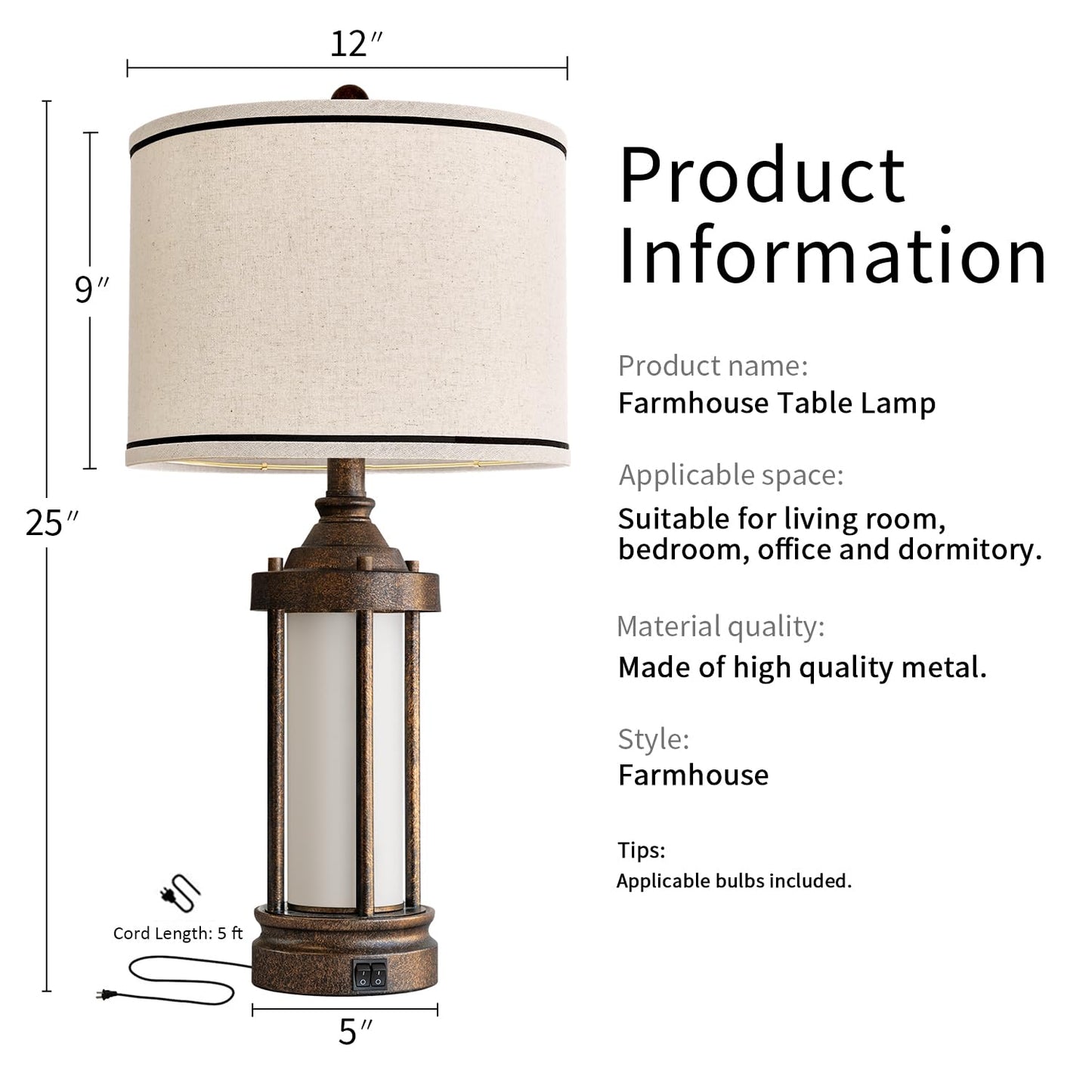 25'' Table Lamps Set of 2 for Living Room Bedroom Farmhouse Metal Lamps with 2 USB Ports, Built-In Frosted Glass Night Light Vintage Industrial Nightstand Bedside Lamp, 4 Bulbs Included, Bronze