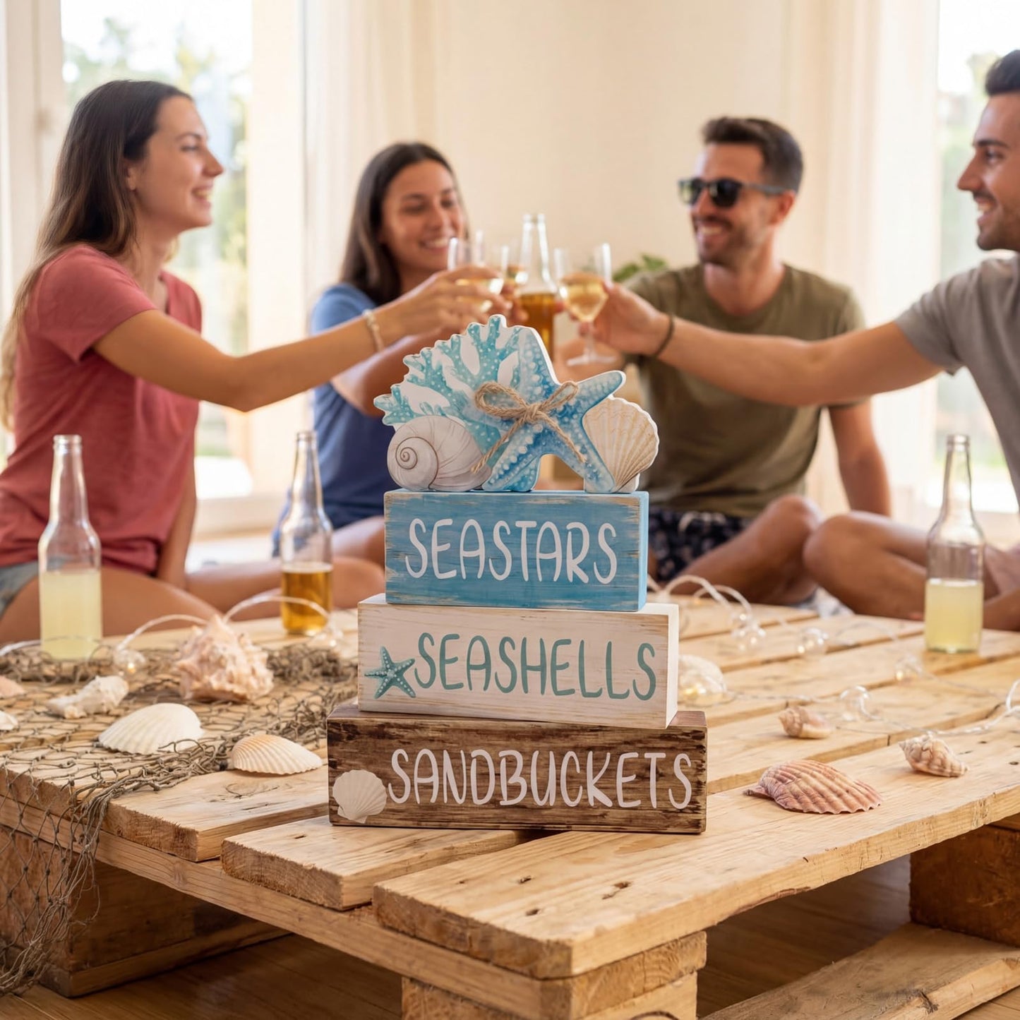 Beach Coastal Wooden Table Centerpieces Decorations for Home, Summer Ocean Blue and White Tabletop Signs Under the Sea Tiered Tray Sea Shell Party Decor for Mantel
