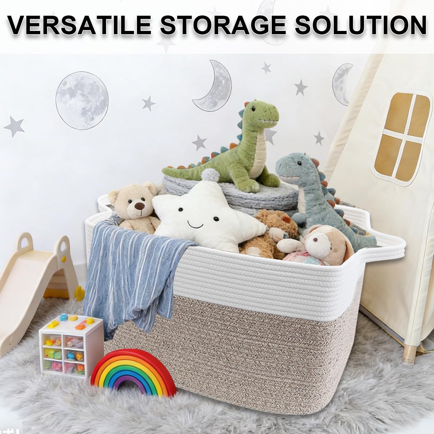 HZFTJOY Large Blanket Basket,Woven Rope Basket Storage Bin with Handles,65L Rectangle Laundry Basket for Magazines,Toys,Clothes,Newspaper Shelf Organization,Nursery and Living Room,White & Brown