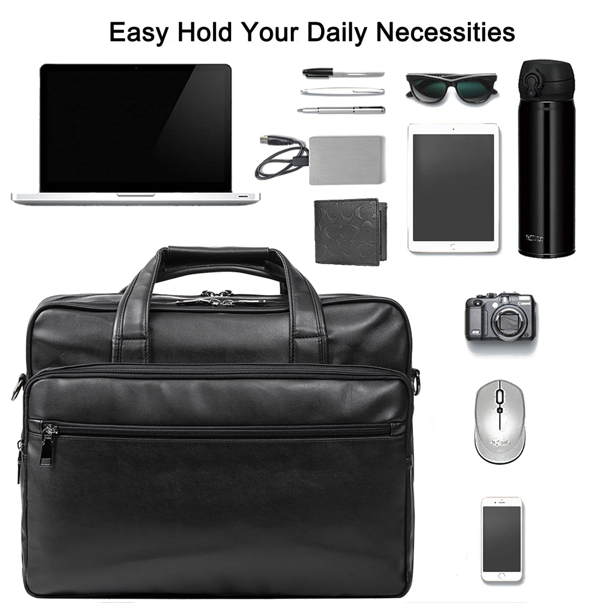 Leather Laptop Bag, Men's 15.6 Inches Messenger Briefcase Business Satchel Computer Handbag Shoulder Bag Fits 15.6 Inch Laptop Black