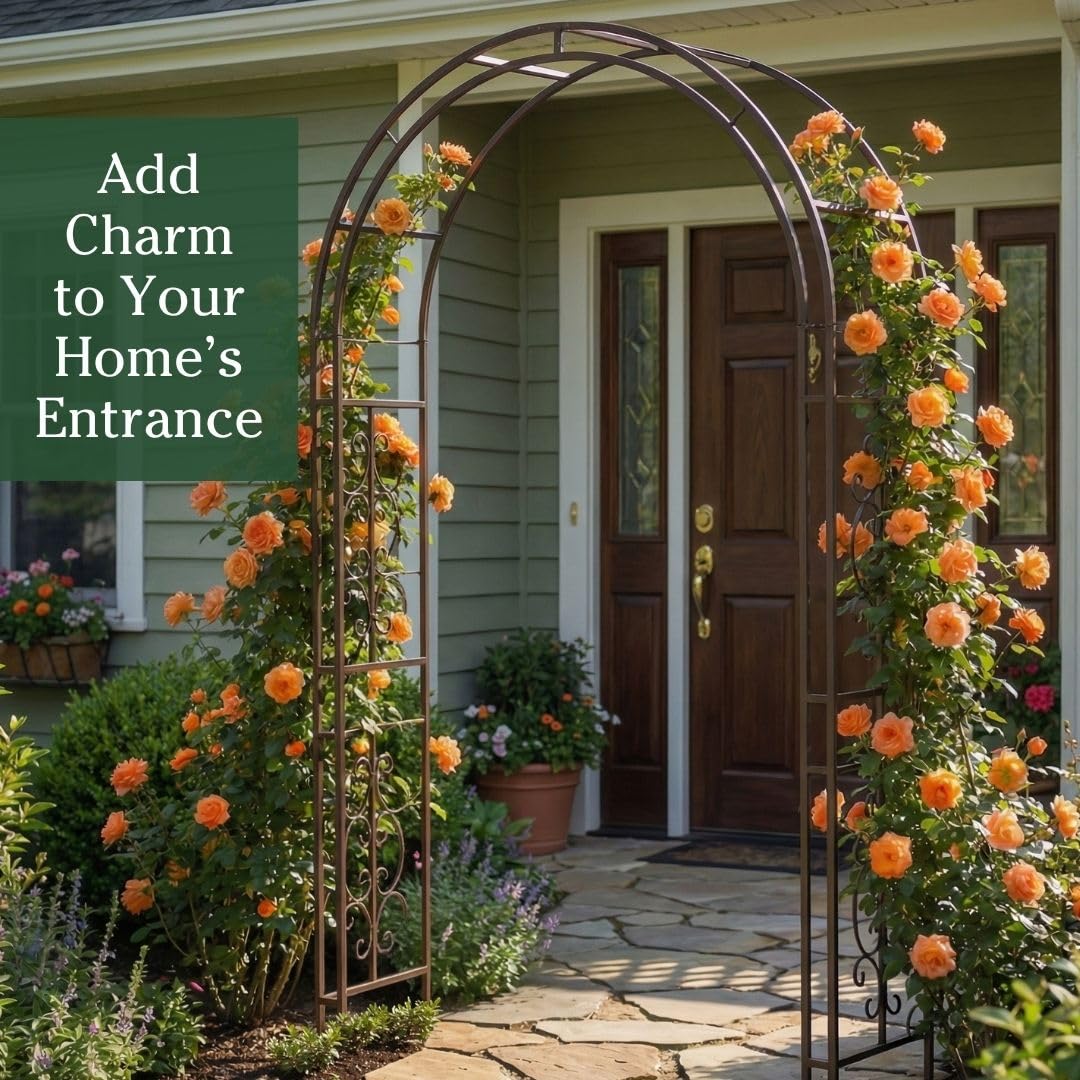 Plow & Hearth Arch Metal Outdoor Garden Arbor Montebello Gunmetal 7 Feet Tall, Steel Iron Trellis Lattice for Climbing Plants & Heavy Vines Wedding Arch Outdoor Patio Décor