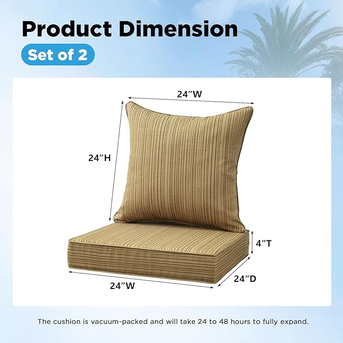 Outdoor Deep Seat & Back Cushion Set, 24 x 24 Inch Water Repellent and Fade