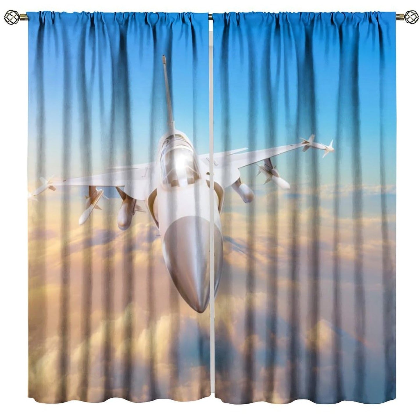 Airplane Curtains Old Military Combat Aircraft American Flag Picture Rod Pocket Window Treatments for Kids Boys Living Room Kitchen Bedroom 2 Panel Set 41" x 45" （No Blackout）