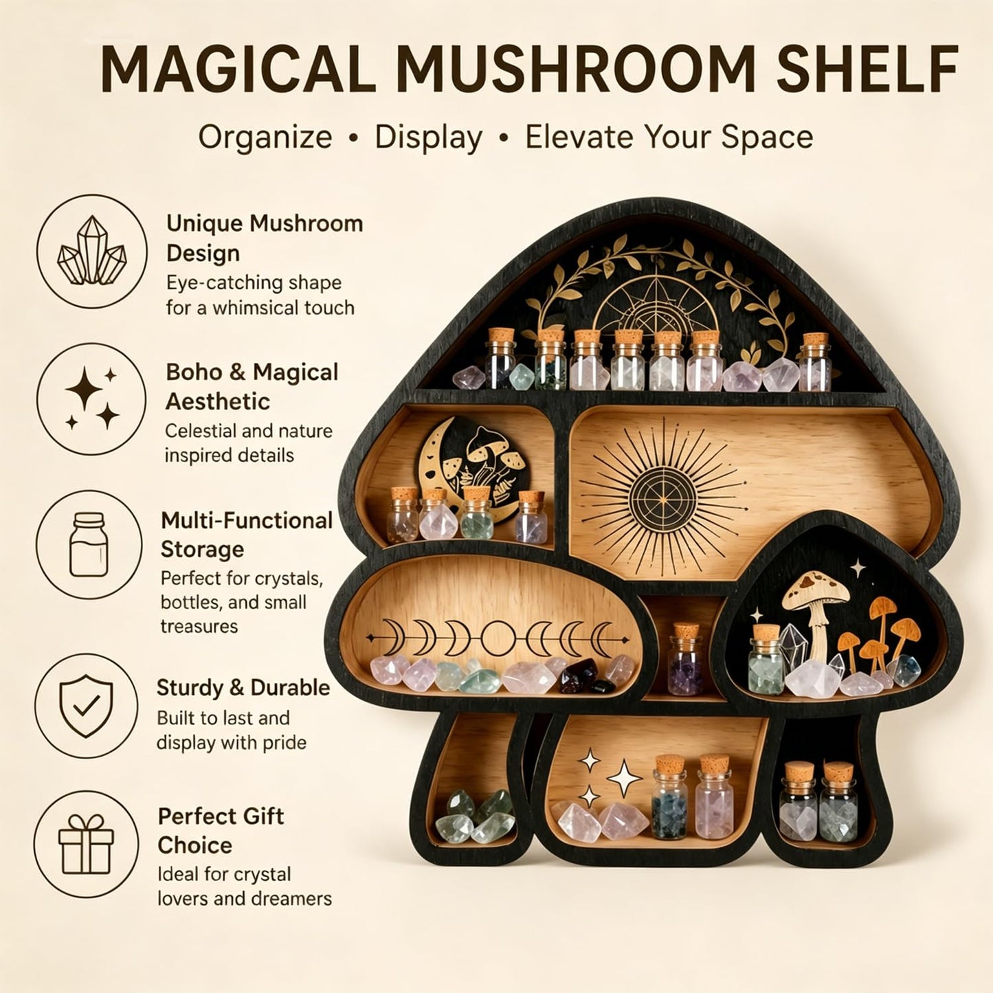 Zetosva Mushroom Crystal Shelf Display, Decor Wall Shelves, Crystal Holder, Mushroom Decorations and Trinket Shelf, Knick Knack Shelf, Unique Aesthetic Home Decor for Bedroom and Living Room