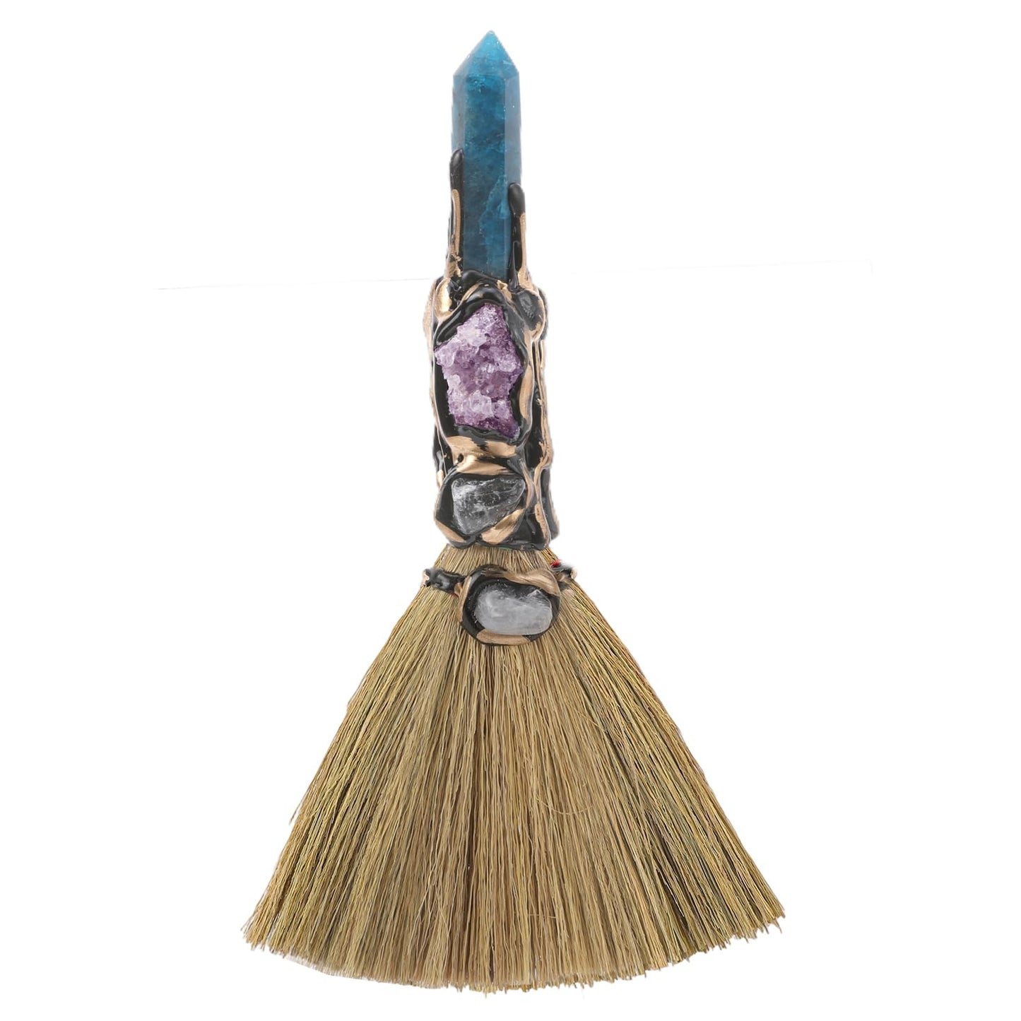 RENEMEGO Crystal Witch Altar Broom - Witchcraft Supplies with Blue Apatite Wiccan Stuff Fairy Magic Broomstick with Natural Healing Crystals Hexagonal Points Pagan Fengshui Reiki Energy Clearing Gift
