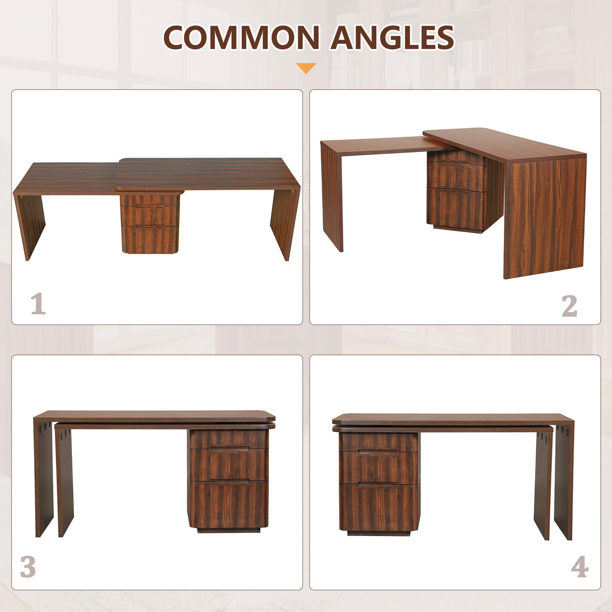 RHHVVR Fluted Computer PC Desk Table with 3 Drawers, L Shaped Corner Desk with Storage, 360° Wood Rotating Home Office Desk for Bedroom, Executive, Study Work, Walnut
