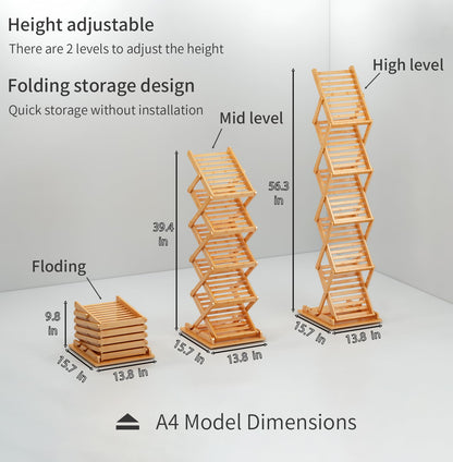 Foldable Bamboo Magazine Rack, Portable Pop-up Display Stand,Magazine Rack Floor 5 Pockets, A4 Size, for Trade Shows, Office, Retail Store