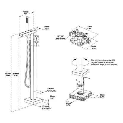 Wowkk Thermostatic Freestanding Bathtub Faucet Waterfall Tub Filler Brushed Nickel Floor Mount Brass Bathroom Faucets with Hand Shower