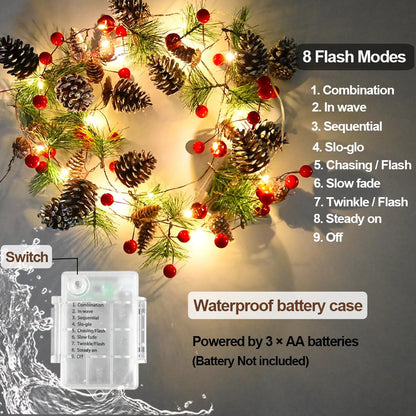 PALONMY Pine Garland with Lights Christmas Garlands 6.56FT 20LED Battery Operated Garland with Red Berry and Holiday Pinecones Prelit Lights for Home Windows Fireplace Stairs