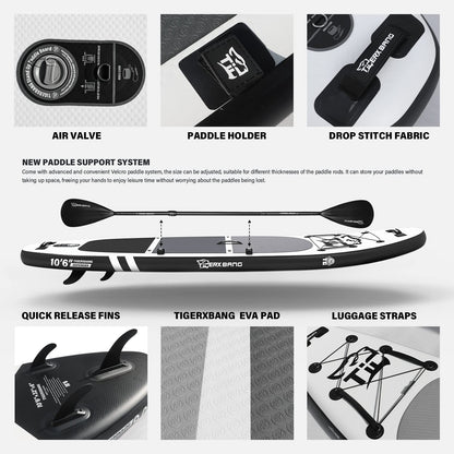TIGERXBANG Stand Up Paddle Boards 10'6" x 32" x 6" with Premium SUP Board Accessories, Inflatable Paddle Boards for Adults/Kids with Double-Bladed Paddle, Kayak Seat, Defender-Pro Black