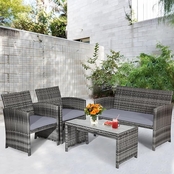 Tangkula 4 Pieces Patio Wicker Conversation Furniture Set, Patiojoy Sofa &
