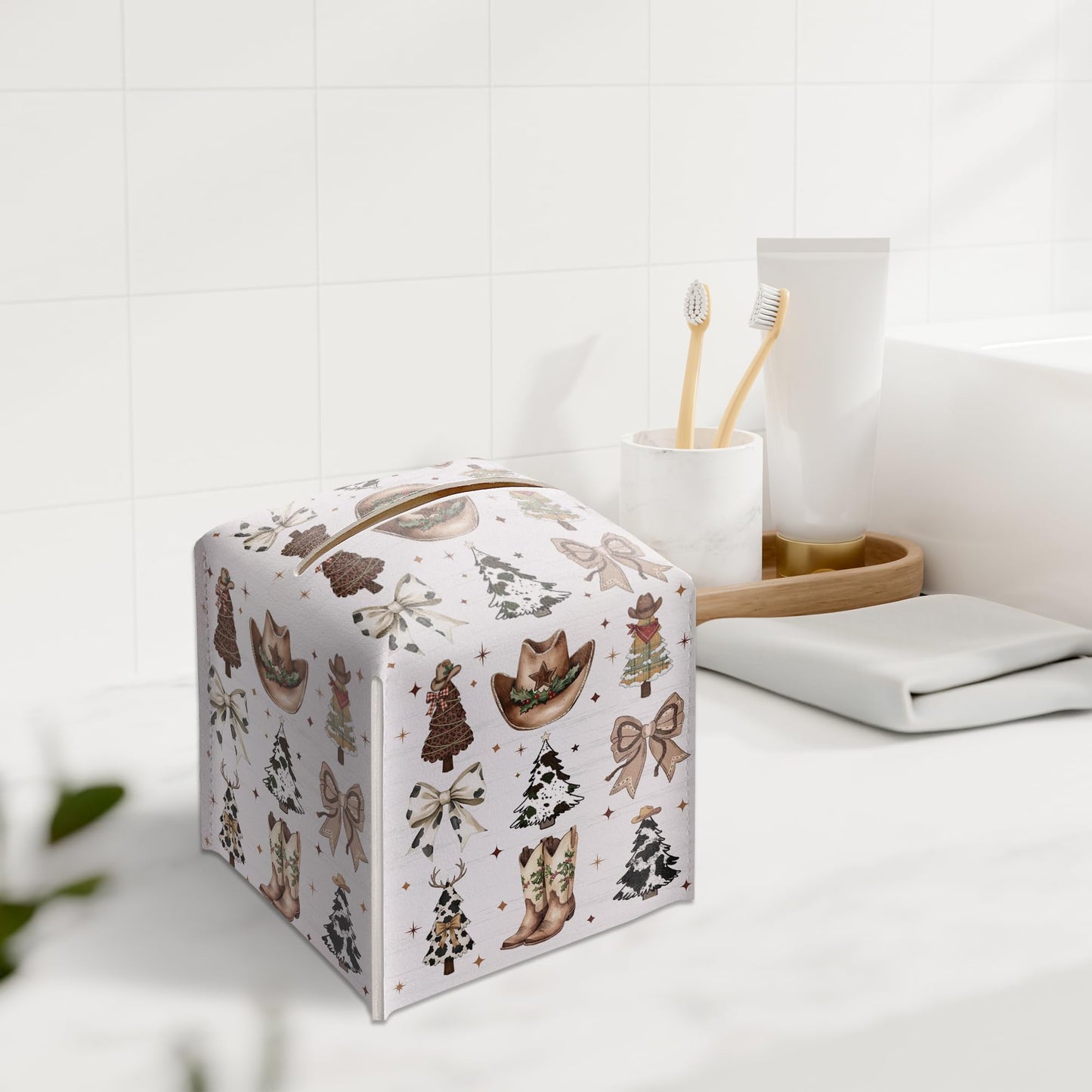 Country Christmas Tissue Box Holder, Cowgirl Boots Hat Christmas Trees Leather Tissue Box Cover Square, Paper Facial Decorative Tissues Cover for Bathroom Kitchen Office Home Decor-B33