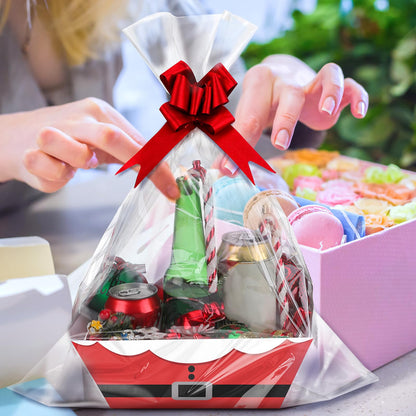 Yeaqee 36 Pcs 12 Pack 8 x 10 inch Christmas Baskets for Gifts Empty Santa Belt Cardboard Baskets Bags Kit Red Pull Bows Wine Basket for Xmas