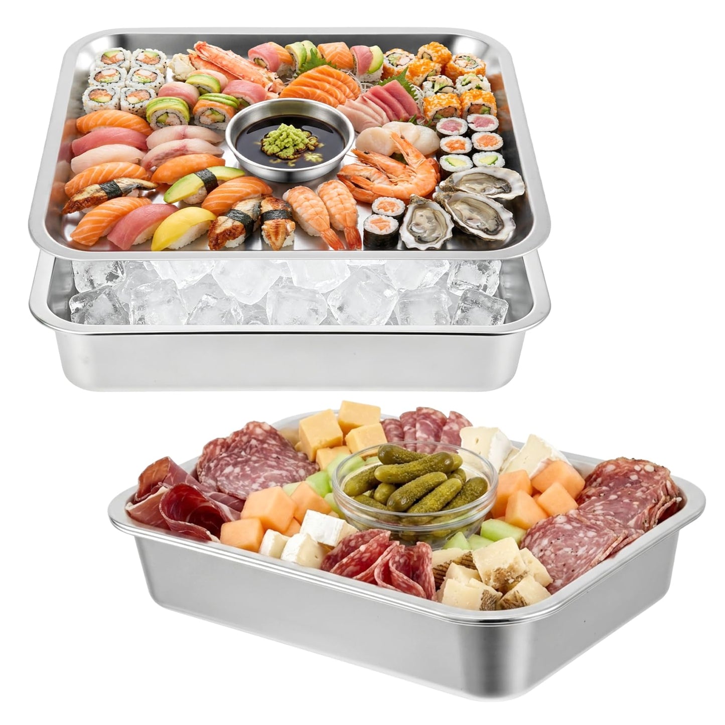 2 Set Stainless Steel Chilled Serving Tray with Compartments 15.7” x 11.8” Ice Chilled Tray Set for Parties Rectangle Veggie Platter Charcuterie Serving Board for Fruit Seafood Appetizer