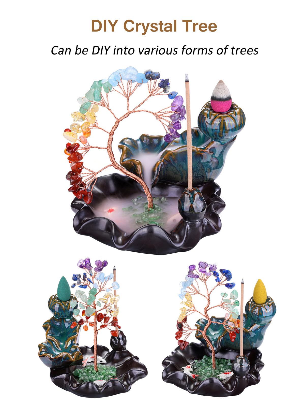 Jovivi Backflow Incense Burner Ceramic Incense Waterfall,7 Chakra Stones Healing Crystal Money Tree Incense Holder for Wealth, Good Luck, Yoga Meditation, Home Decor