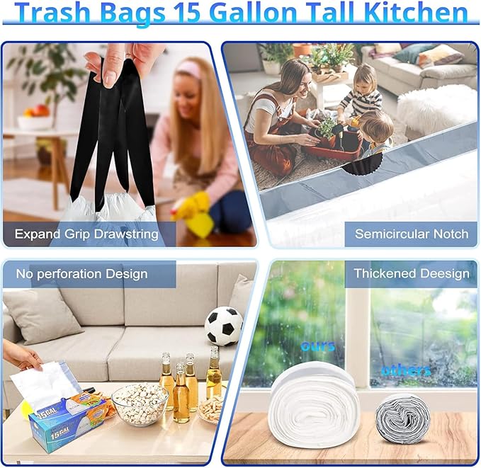 Allclean 13 To 15 Gallon Trash Bags, Tall Kitchen Garbage Bags Drawstring