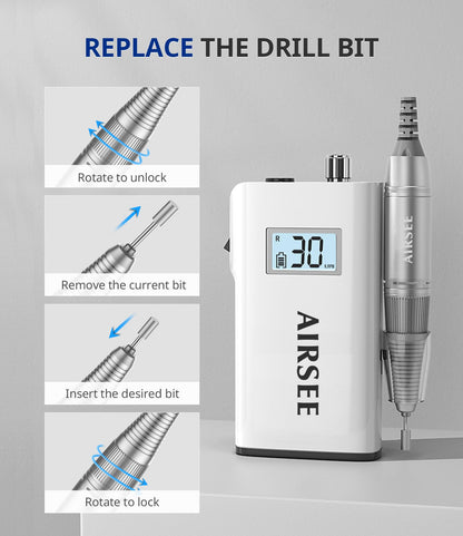 AIRSEE Rechargeable 30000RPM Electric Nail Drill Professional Portable E File Machine for Acrylic Nail Natural Extension Gel Nails Polish Cuticle, Cordless High Speed for Salon Home Use E8 White
