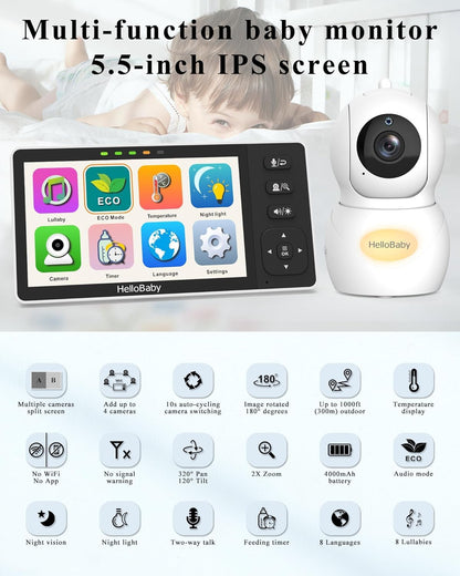 HelloBaby Baby Monitor with 1080P Baby Camera,Video Baby Monitor with Camera and Night Vision, 5.5’’ Split IPS Screen, No WiFi, ECO Mode, 2-Way Audio, Pan-Tilt-Zoom, 1000ft, Temp Display, Night Light
