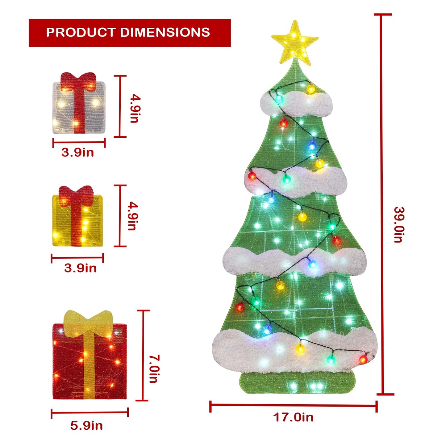 3ft 2D Christmas Tree Outdoor Decorations with 100 Twinkling LED Lights, 8 Light Modes, Large Holiday Yard Ornament for Patio, Lawn, Home （Sphere）
