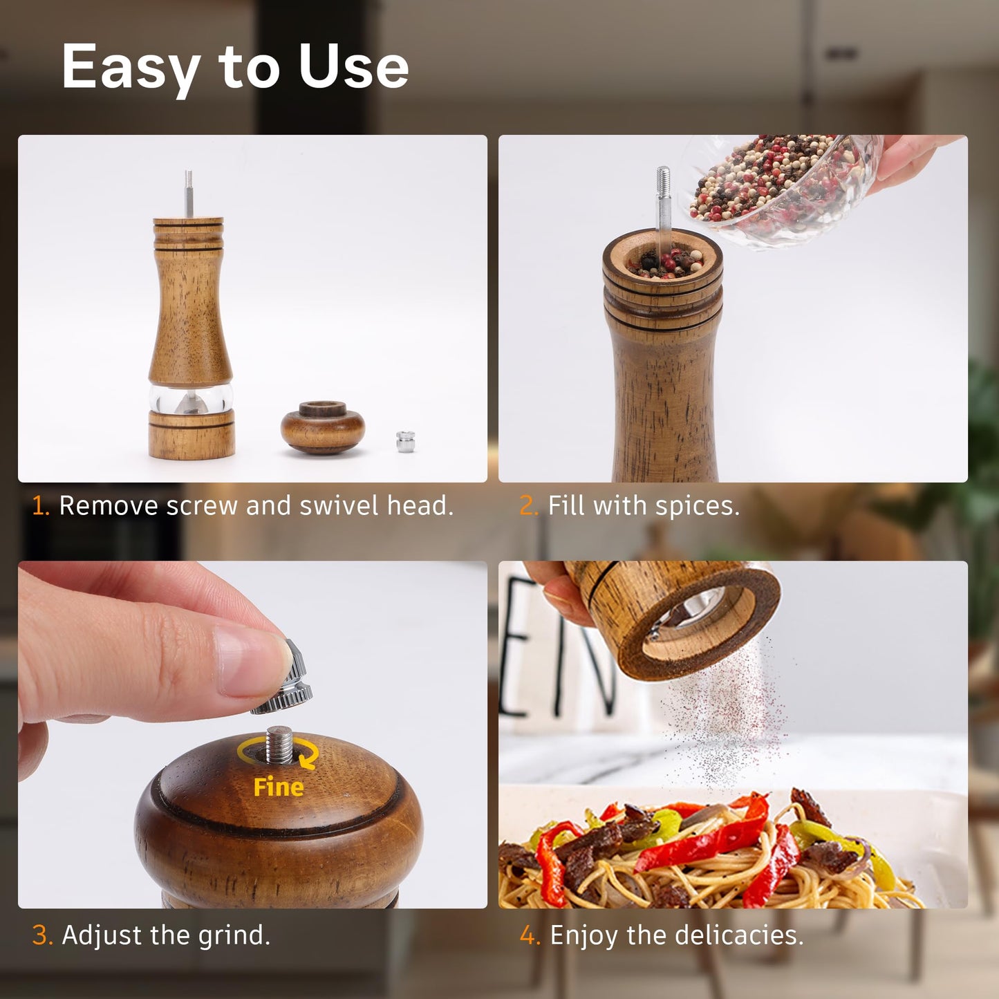M JINGMEI Wooden Salt and Pepper Grinder Set, Premium Oak Wood Salt Grinders Shakers, Pepper Mill with Acrylic Clear Window, Adjustable Ceramic Grinder (6″ - 2 Packs with Tray)