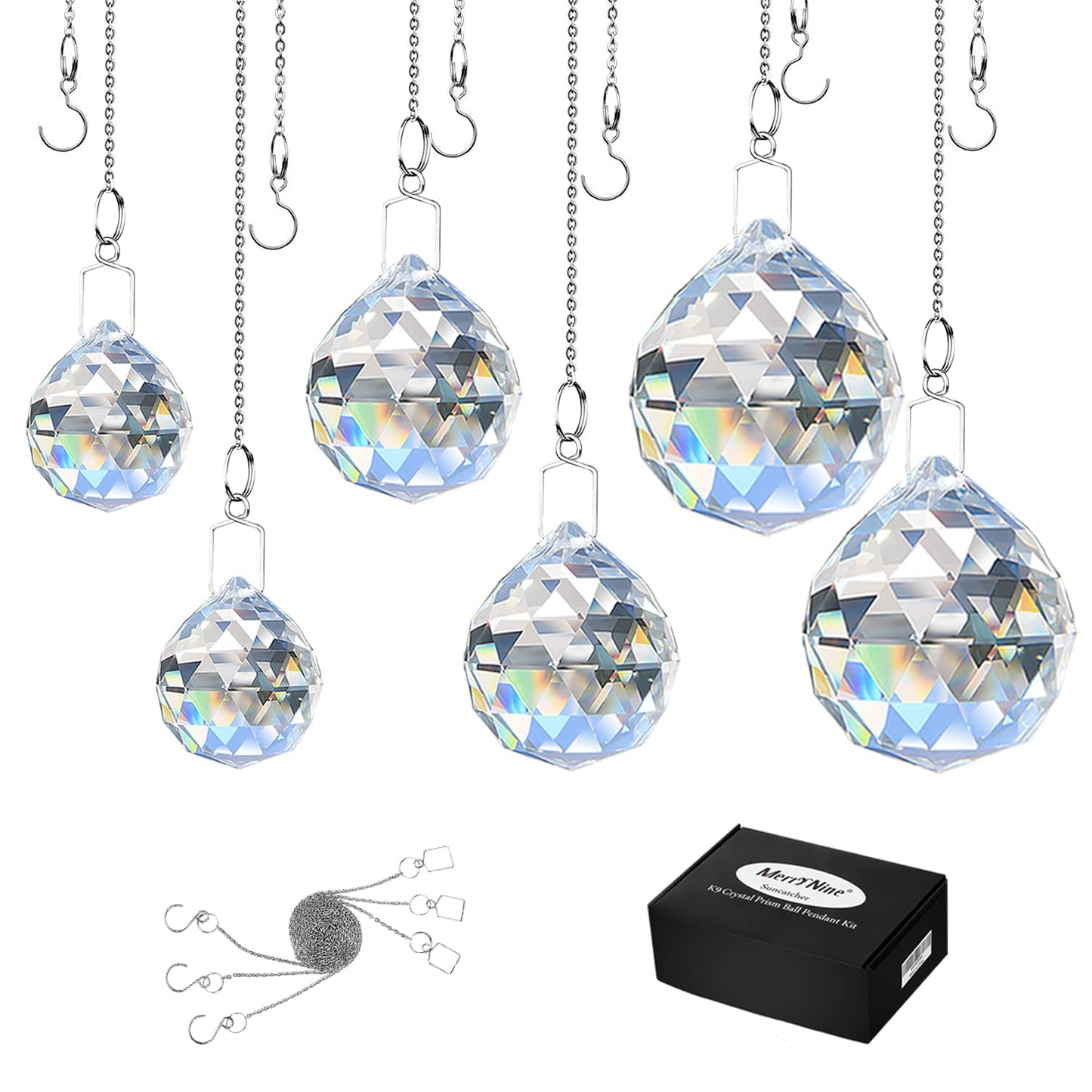 MerryNine 6 Pcs Clear Crystal Ball Prism Sun Shine Catcher Rainbow Pendants Maker, Hanging Crystals Prisms for Windows, for Feng Shui (30mm/40mm/50mm 6Pack)
