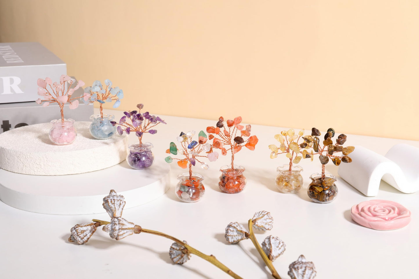 Jovivi 12pcs Chakra Crystal Tree Set Tree of Life Gemstone Money Trees with Glass Base,Natural Healing Crystals and Stones for Positive Energy Good Luck Home Office Decor for Women Mom Birthday Gifts