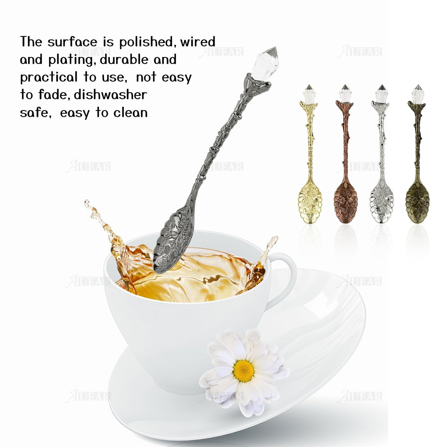 AUEAR, Retro Crystal Antique Alloy Spoon Coffee Tea Dessert Mini Ice Cream Decorative Spoons Set for Home Office (10 Pack)