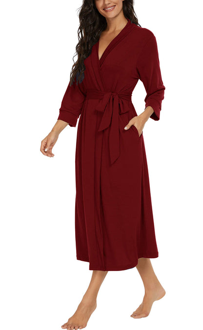 PrinStory Women Kimono Robes Long Knit Bathrobe Soft Womens Dressing Gowns V-Neck Sleepwear Casual Ladies Loungewear (Wine Red, L)