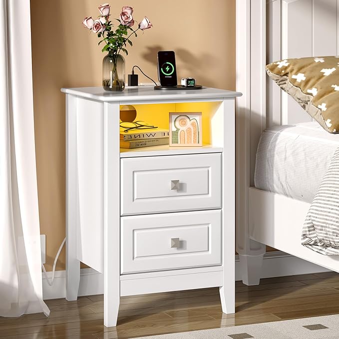 Bonnlo White Night Stand with Charging Station, Led Nightstand White Wood