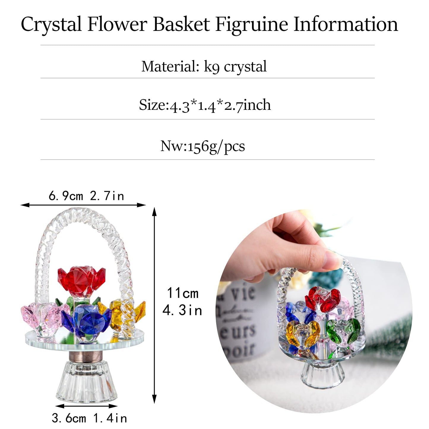 H&D HYALINE & DORA Colorful Crystal Flower Basket Figurine Ornament, Glass Flower with Rotating Base for Home Dress Table Centerpiece Christmas Lady Gift
