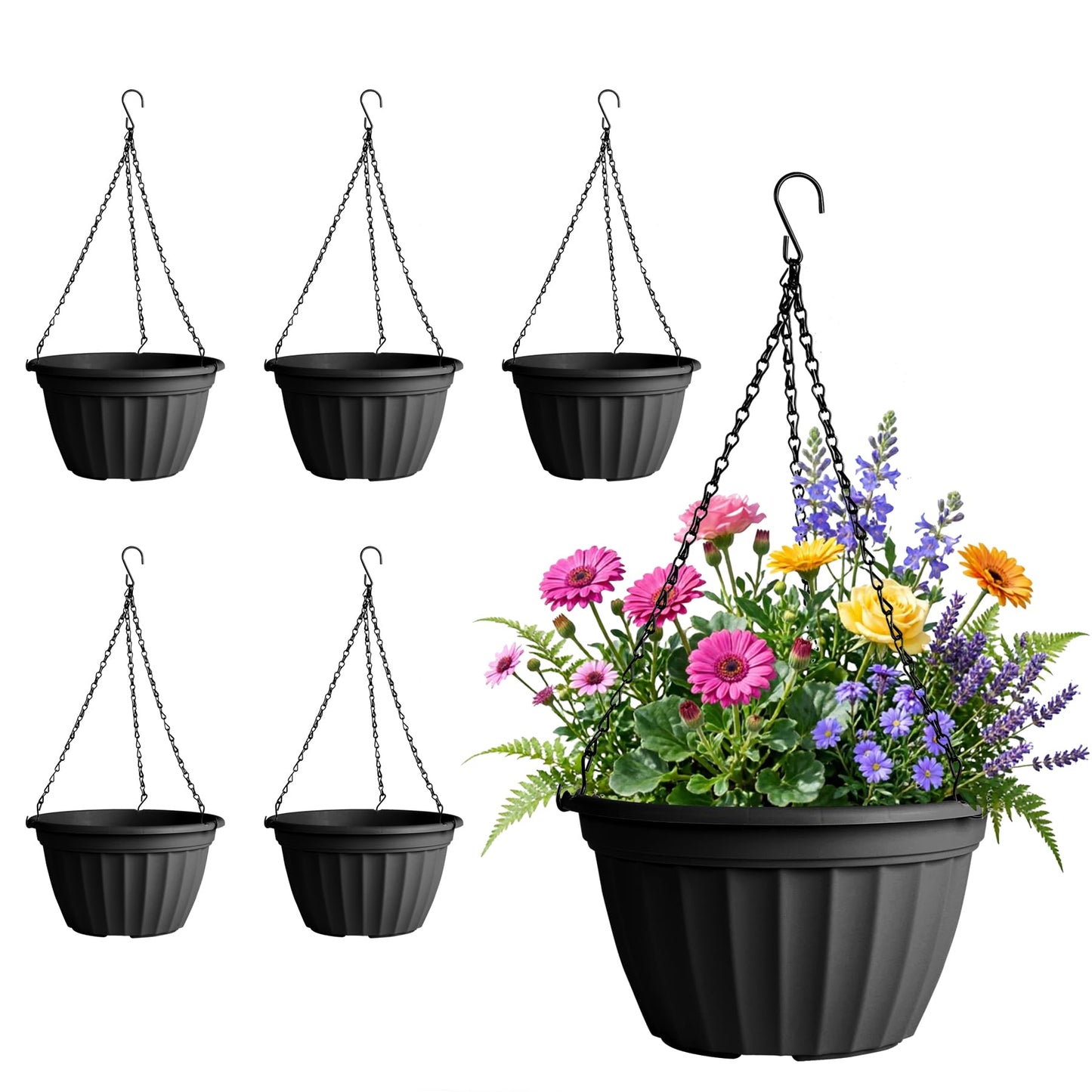 FGstyle 6 Pack Hanging Planters 8 Inch,Self Watering Pots for Indoor Plants,Plastic Hanging Basket with Soil Elevator and 20" Chain for Home Garden Porch Balcony Patio Decor(Black)