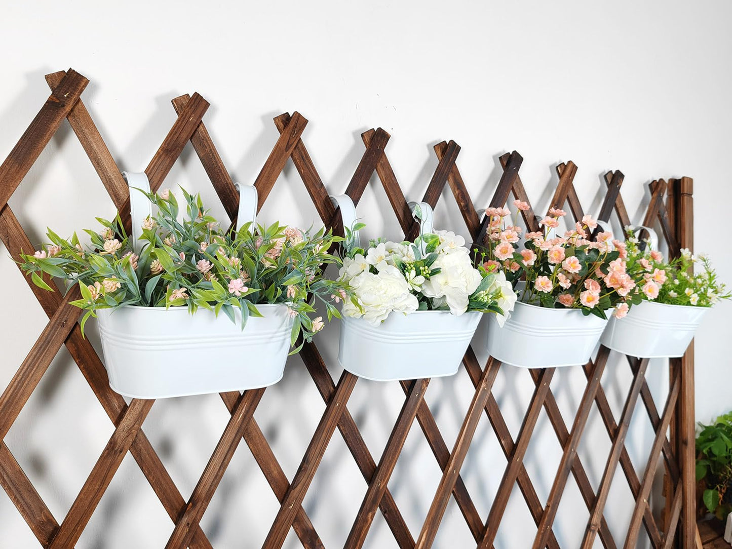 Joyfernal 10" Hanging Flower Pots, Pack of 6 White Metal Outdoor Patio Balcony Planter, Railing Planters Fence Pot with Detachable Hook & Drainage Hole for Small Plants (White, 6Pcs)