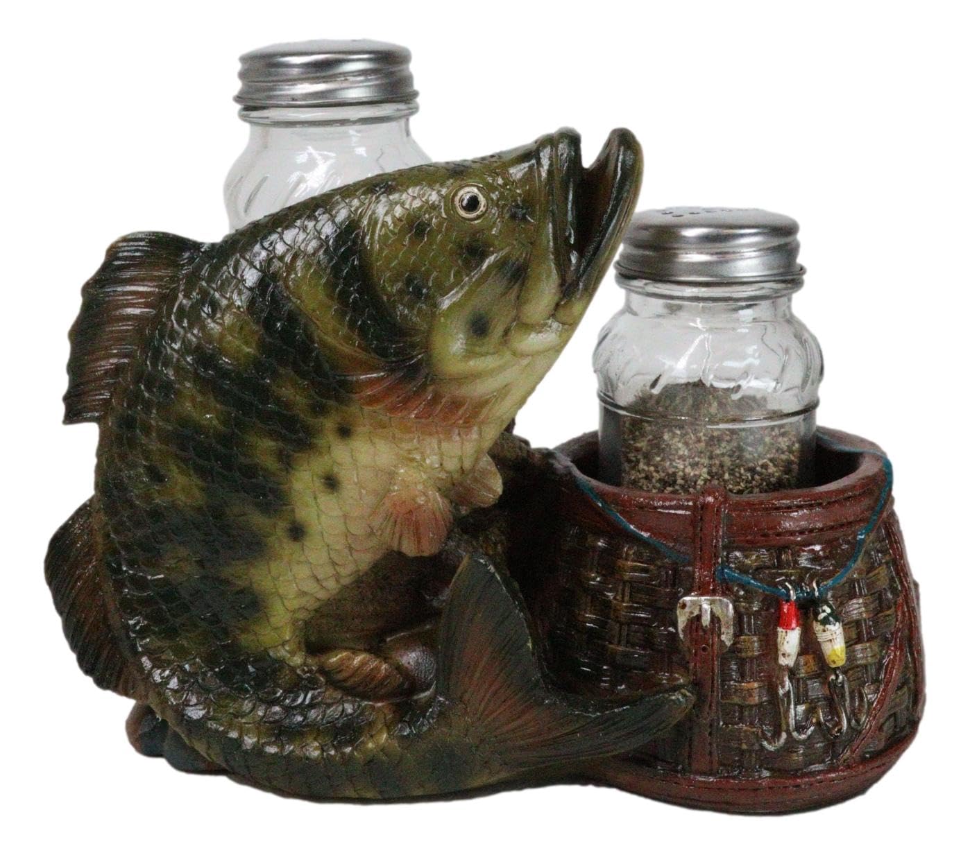 Ebros Gift Nautical Marine Fisherman Sea Bass Fishing With Tackle Box Wicker Saddle Bags Salt and Pepper Shakers Holder Figurine Set for Rustic Cabin Lodge Restaurant Bar Kitchen Decor