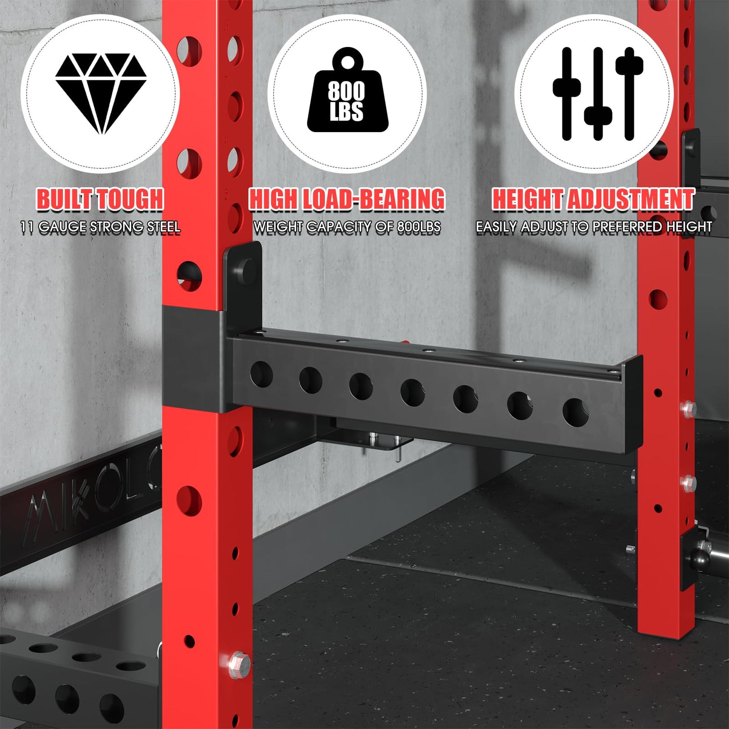 Mikolo Safety Catches, Spotter Arms-Fit 2"x 2" Tube, with 1" Hole for Squat Rack Power Rack Cage, 800 lbs Capacity (1 Pair)