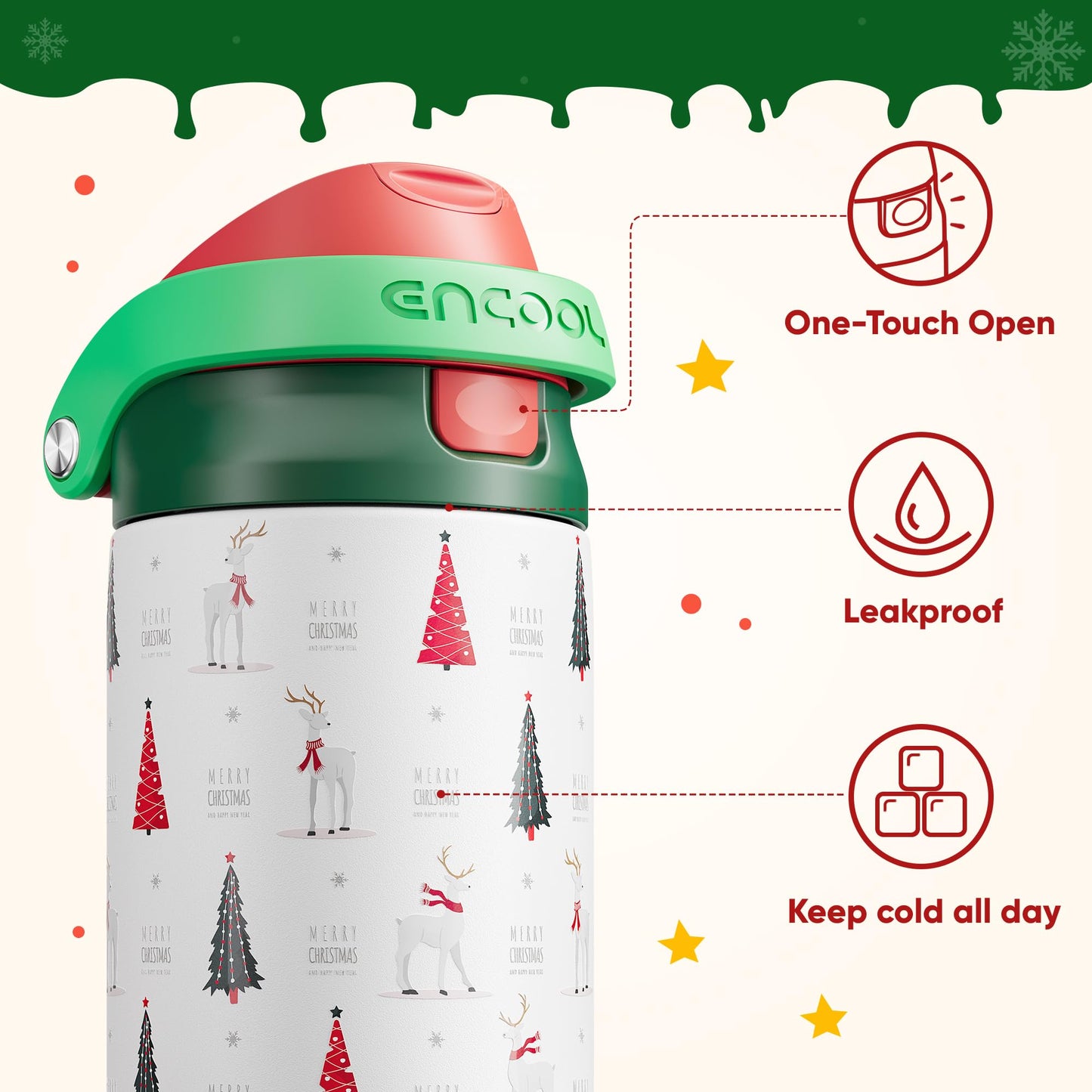 ENCOOL Christmas SwiftSip Insulated Water Bottle with Straw, Stainless Steel Water Bottle, Leak Proof BPA-Free, Keeps Cold for 24 Hours for Sports, Christmas Holiday Gifts for Women, 24oz, Nordic Noel