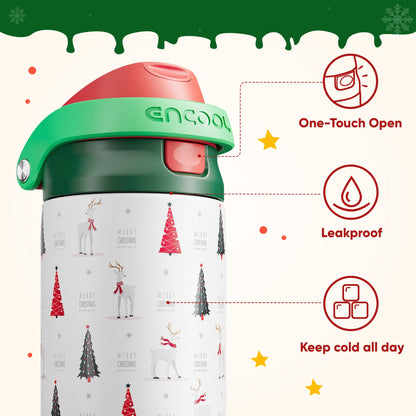 ENCOOL Christmas SwiftSip Insulated Water Bottle with Straw, Stainless Steel Water Bottle, Leak Proof BPA-Free, Keeps Cold for 24 Hours for Sports, Christmas Holiday Gifts for Women, 24oz, Nordic Noel