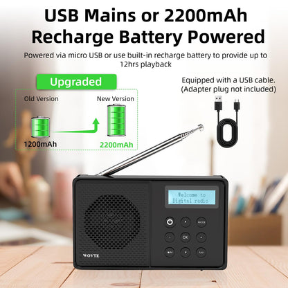 WOVTE DAB+ Digital Radio - Portable, Rechargeable & Mains Powered with Bluetooth, 40 Presets, LED Display, Alarm Clock, Sleep Timer & Headphone Socket