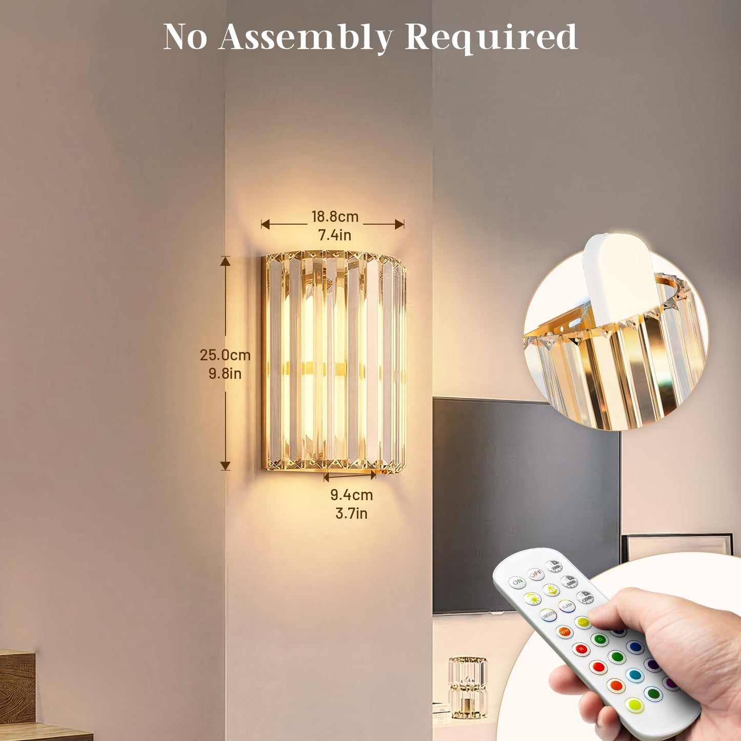 Keep Shinning Gold Battery Operated Wall Sconces Set of Two, Crystal Wireless Wall Lights with Remote, Rechargeable Cordless Wall Lamps 12 RGB and 3 CCT Dimmable Decor for Bedroom Living Room Hallway