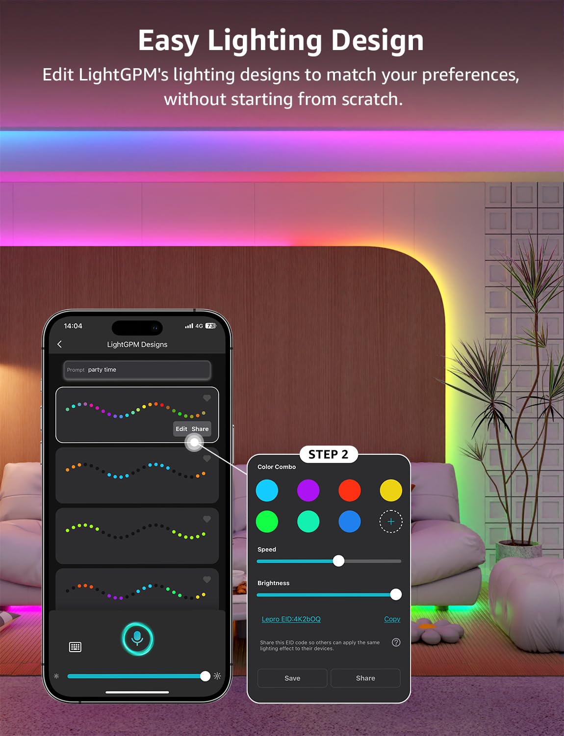 Lepro S1 AI LED Strip Lights for Bedroom - 65.6ft Smart RGB Light Strips with IC and Rainbow Chasing Effects, Color Segment DIY, AI Generated Lighting, No Remote, 2.4G Wi-Fi & Bluetooth