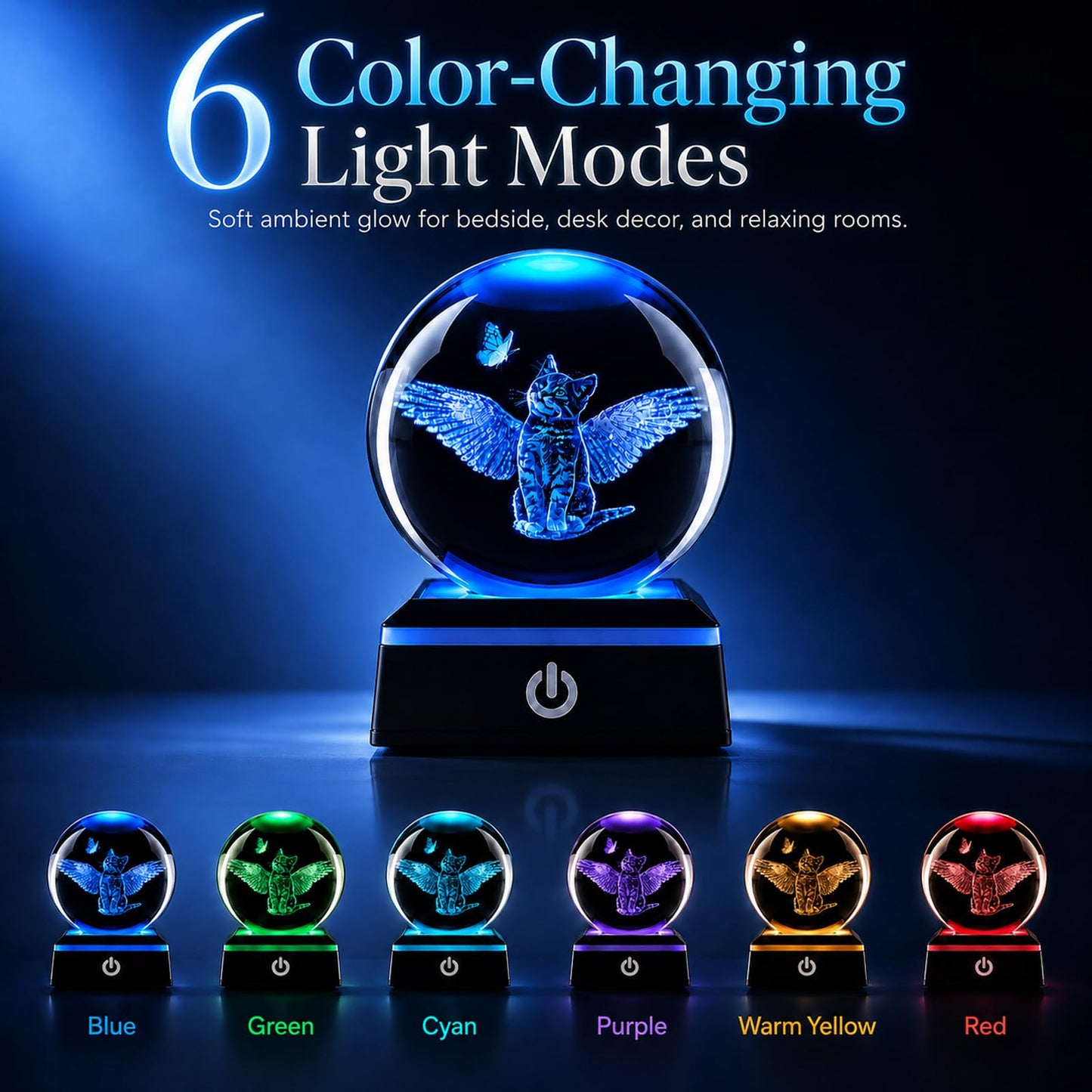 Zerelys 3D Cat Crystal Ball Night Light for Boys Girls, 3.15 Inch LED Crystal Lamp, Birthday Gift for Kids, Bedroom Decor with Gift Box (Cat)