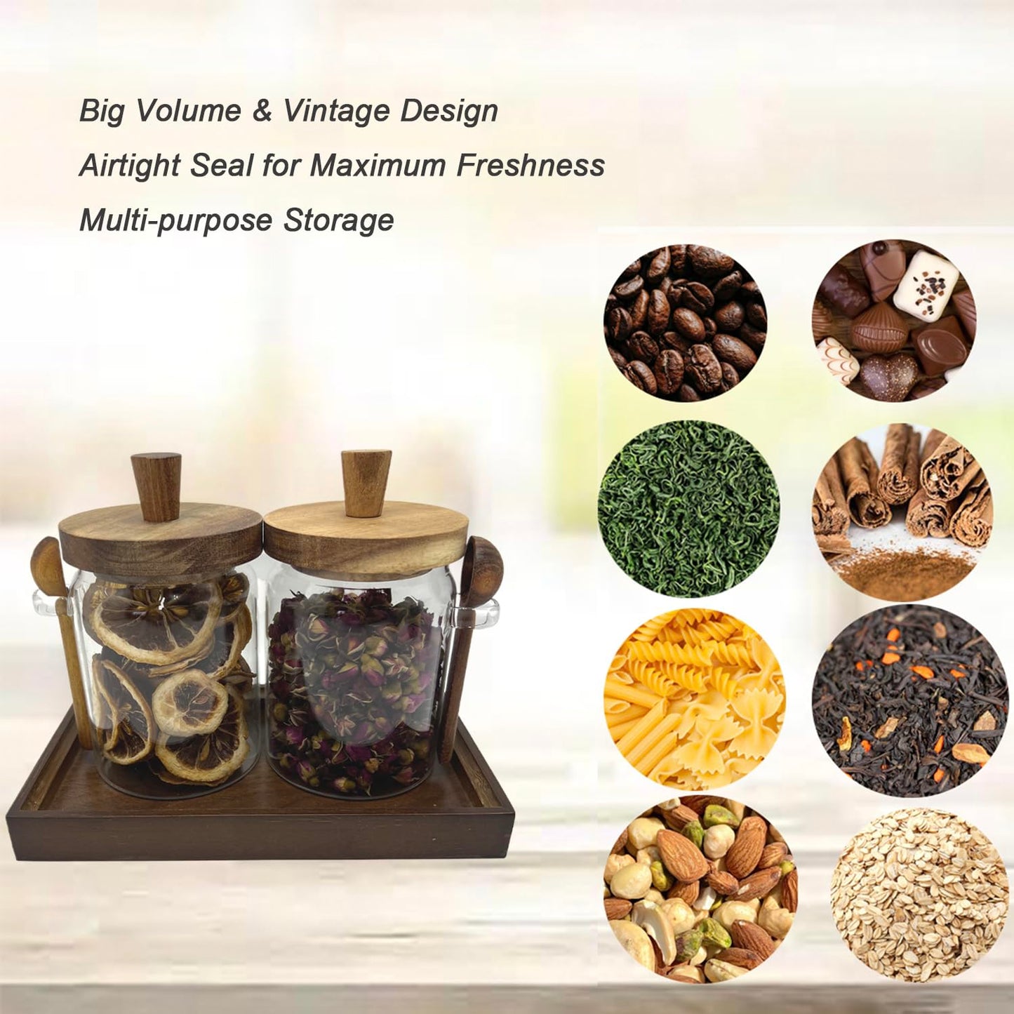 BEECO GIF2U Glass Jars with Brown Wooden Lids and Scoops 20oz 2Pack with Tray, Airtight Food Storage Containers with Tray for Sugar Coffee Bean Candy Spice