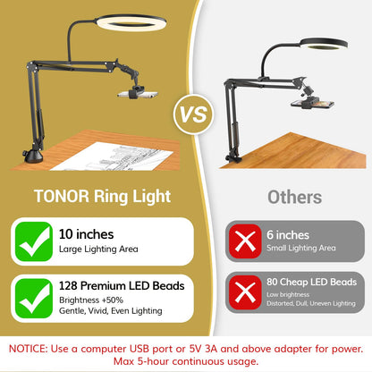 TONOR Overhead Ring Light Kit, 10" Ringlight with Heayy Duty Boom Arm and Phone Holder, Adjustable Angle, Suitable for Video Recording, Live Stream, Drawing, Makeup Nail