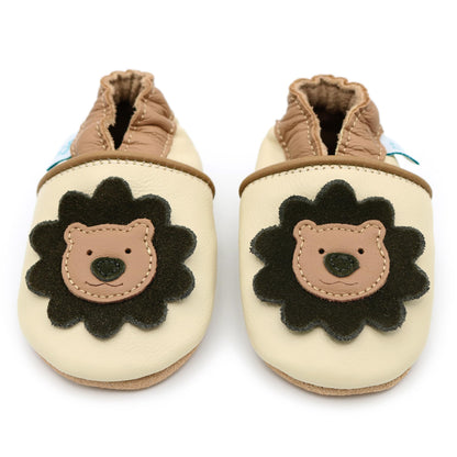 Dotty Fish Unisex Baby & Kids Soft Leather Barefoot Shoes – Boys & Girls, Animal Designs, Non-Slip Soft Soles, Lightweight, Flexible, Elasticated Ankles, Podiatry Approved – Cream Lion 12-18 Months