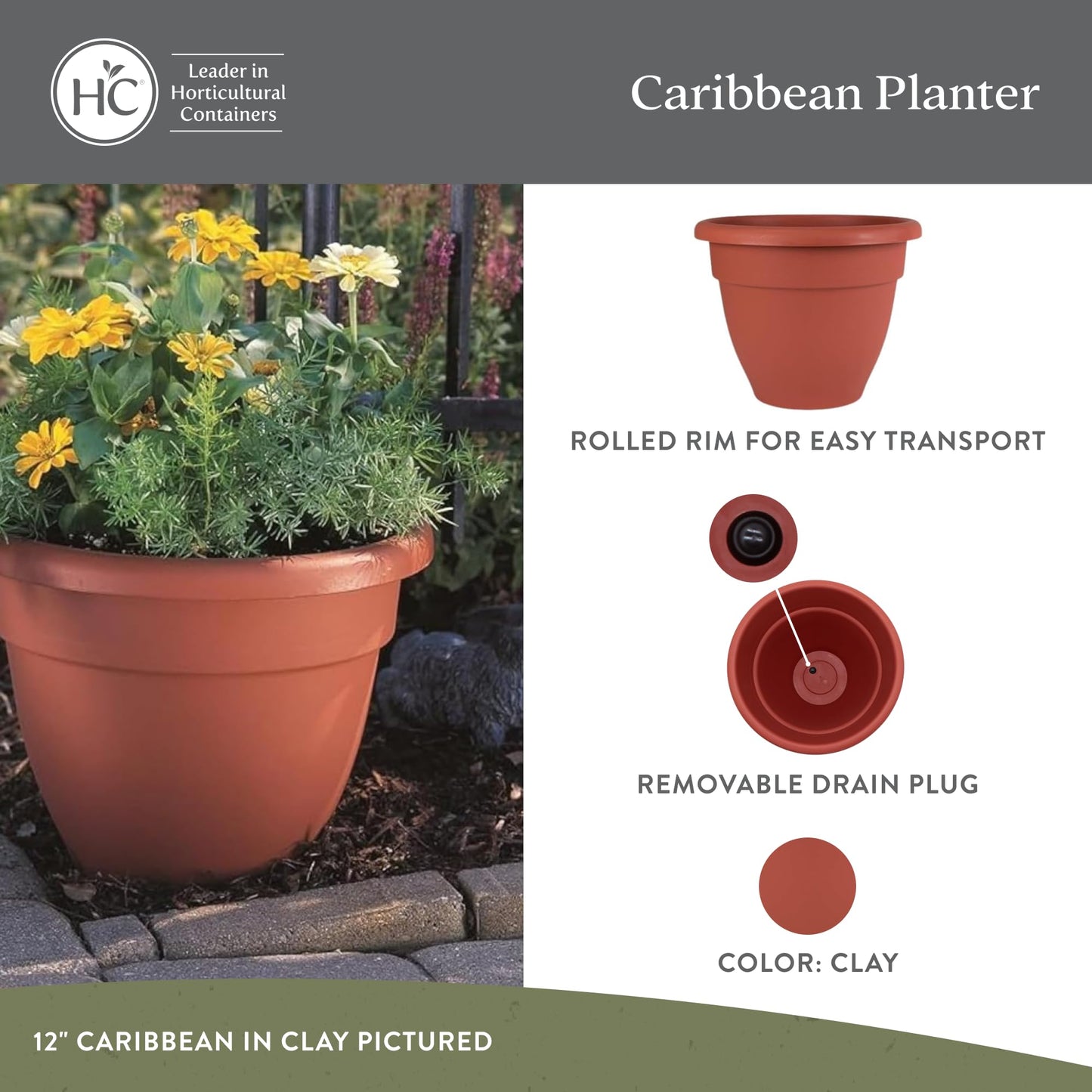 The HC Companies Caribbean Planter Pot - Outdoor & Indoor Plant Pot With Drainage Hole & Plug - Rolled Rim Plastic Pots For Plants & Flowers - Decorative Plant Pot (12" Clay, Pack of 1)