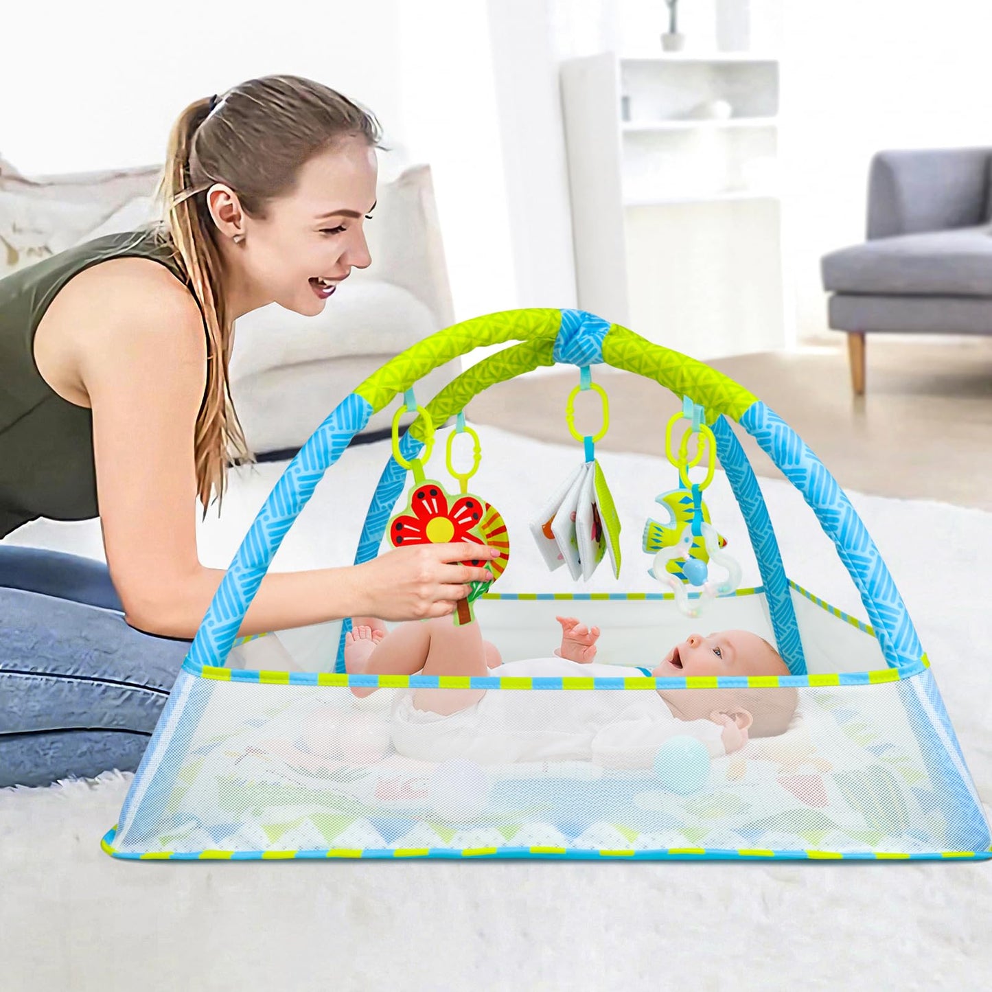 Dr.Rapeti Baby Play Mat, Activity Baby Play Gym with Arch, Playmats & Floor Gyms, Detachable Mirror, Soft Book and Balls Toys, Thick Non Toxic Playmats
