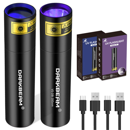 DARKBEAM UV Torch 365nm Black Light and 395nm Blacklight, USB Rechargeable LED Ultraviolet Flashlight, Mini Portable Detector for Pet Urine, Uranium Glass, Rocks, Curing Resin, Leak Detection, 2 Pack